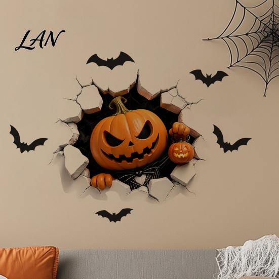 Black Cat Wall Stickers Halloween Stickers, 3D Broken Effect with Ghost Skeleton Pumpkin Bat Decals, Self-Adhesive Temporary Decorations Waterproof