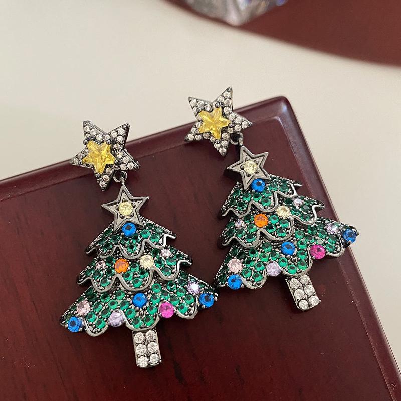 Women's Christmas Tree Zircon Crystal Star Stud Earrings Dangle Fashion Jewelry Gift for Xmas Party