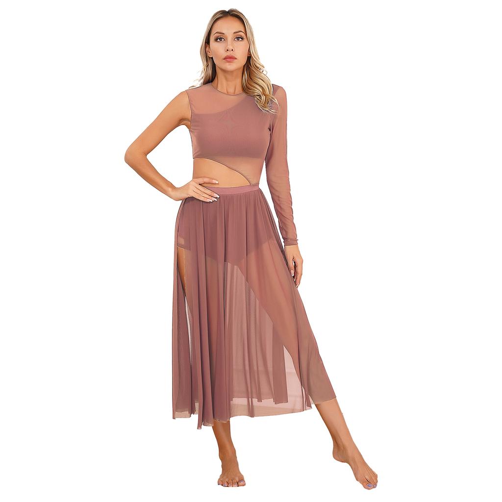 Женское современное танцевальное платье с вырезом, прозрачная сетчатая лоскутная одежда для выступлений