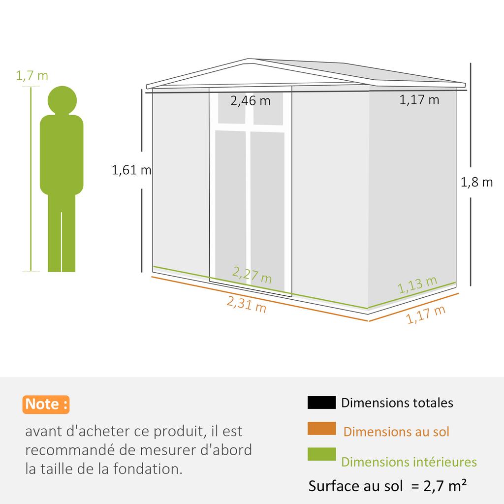 Metal garden shed 2.7 m² with window, 4 vents and lockable door, 246 x 117 x 180 cm, grey