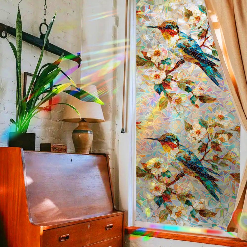 Laser-cut Iridescent Retro Geometric Floral and Hummingbird Study Glass Door and Window Decorative Stickers