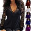 Fashion Womens Casual Sexy Lace Mesh Stitching V-neck Long Sleeve Top