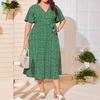V-neck High-waist Lace-up Waist Wrap Plus-size Printed Dress