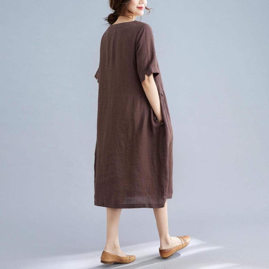 Хлопок лен однотонные винтажные платья лето осень одежда женщины повседневное платье средней длины
