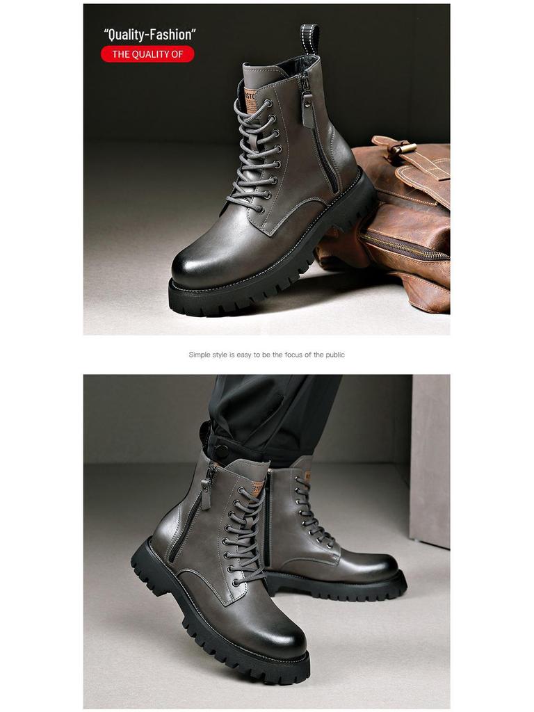 Мужские осенне-зимние желтые ботинки из натуральной кожи с толстой подошвой, боковой молнией и круглым носком — удобные, средней высоты, в стиле Martin.