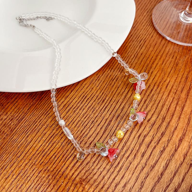Candy Colored Beads Stacked Necklace Vintage Contrasting Baroque Pearl Tulip Pendant Collarbone Chain Women