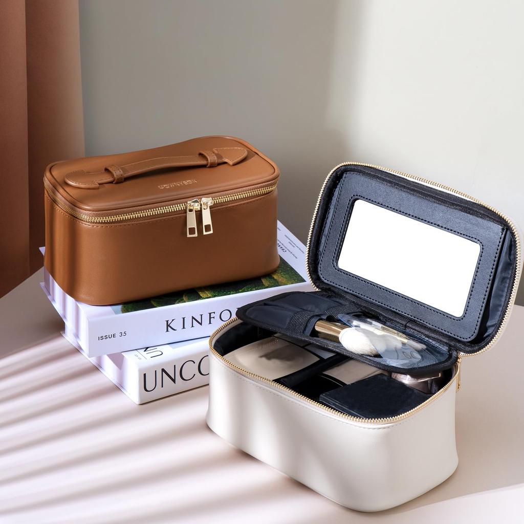 Rownyeon Large Capacity Makeup with Vanity with Brush for Makeup Tools Pouch, Portable, Divided, Mirror, Pouch, Pocket, Travel-Friendly, Waterproof,