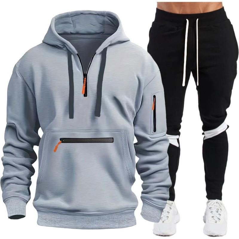 Mens Hooded Tracksuit Half-Zip Sweatshirt Slim Fit Jogger Pants Casual Sportswear Set