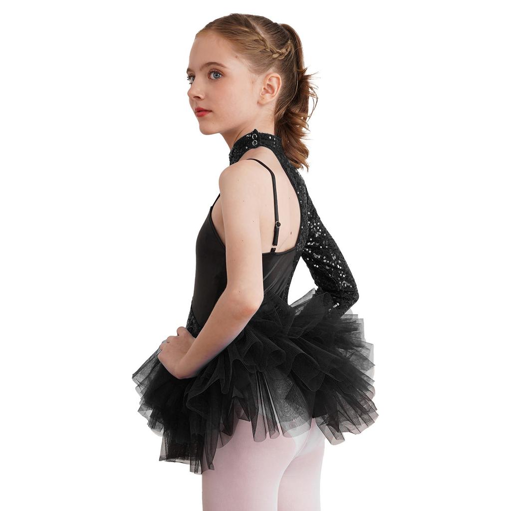 Платье для танцев с блестящими пайетками для девочек, дизайн с асимметричным рукавом, контрастная тюлевая юбка, стиль леотарда, наряд для выступлений