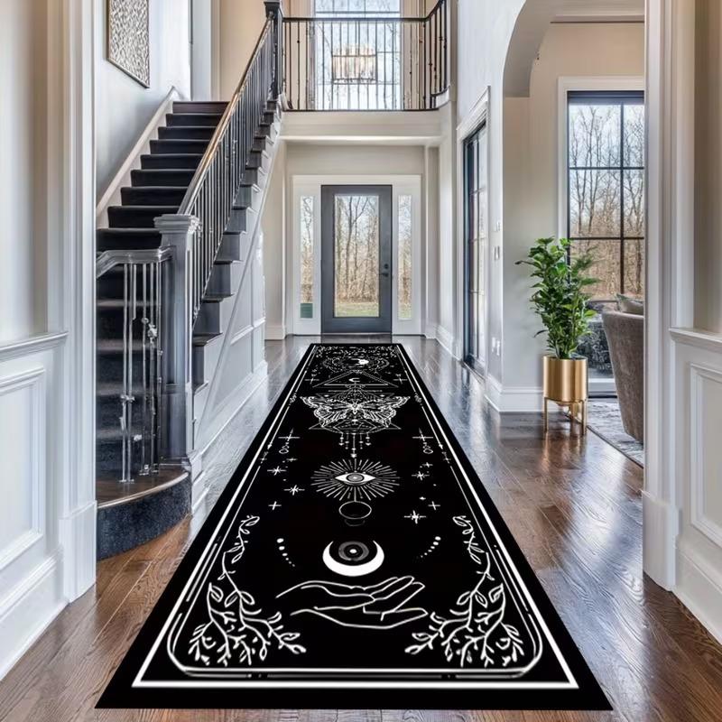 Lunar Mystic Butterfly Carpet Black Base with White Line Art Esoteric Symbols Rug Geometric Floor Mat for Meditation Spaces