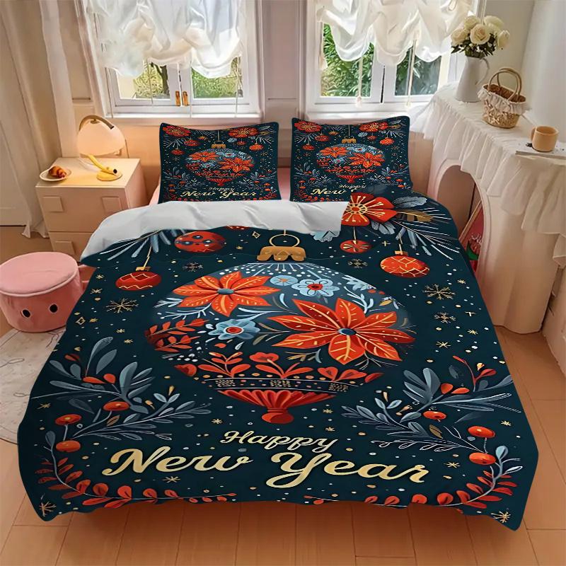 3pcs Happy New Year Festive Decorative Bedding Set, Includes One Quilt Cover and Two Pillowcases (No Core), Anime Cartoon Design, Polyester Fabric