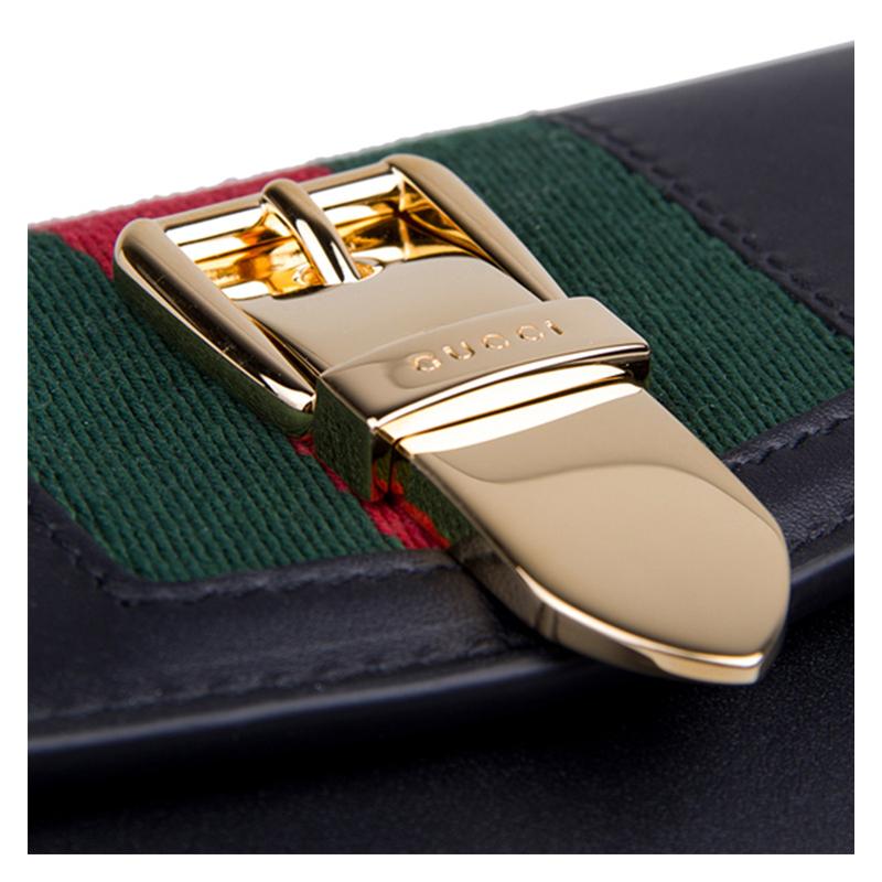 Gucci Gold buckle striped webbing long flap leather wallet women's black