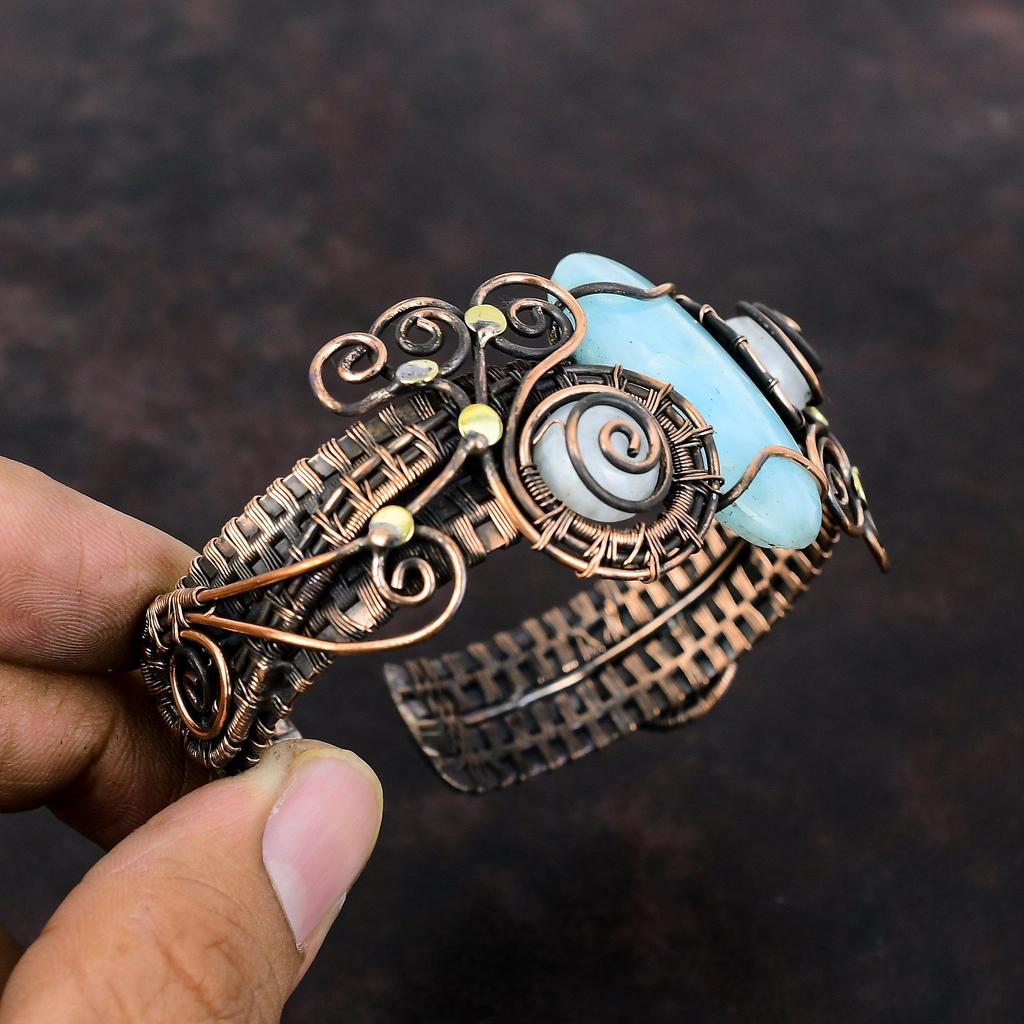 Браслет-манжета с гемиморфитом, браслет-манжета из медной проволоки, браслет-манжета из лунного камня, ювелирные изделия из драгоценных камней, регулируемый браслет ручной работы, подарки на годовщину