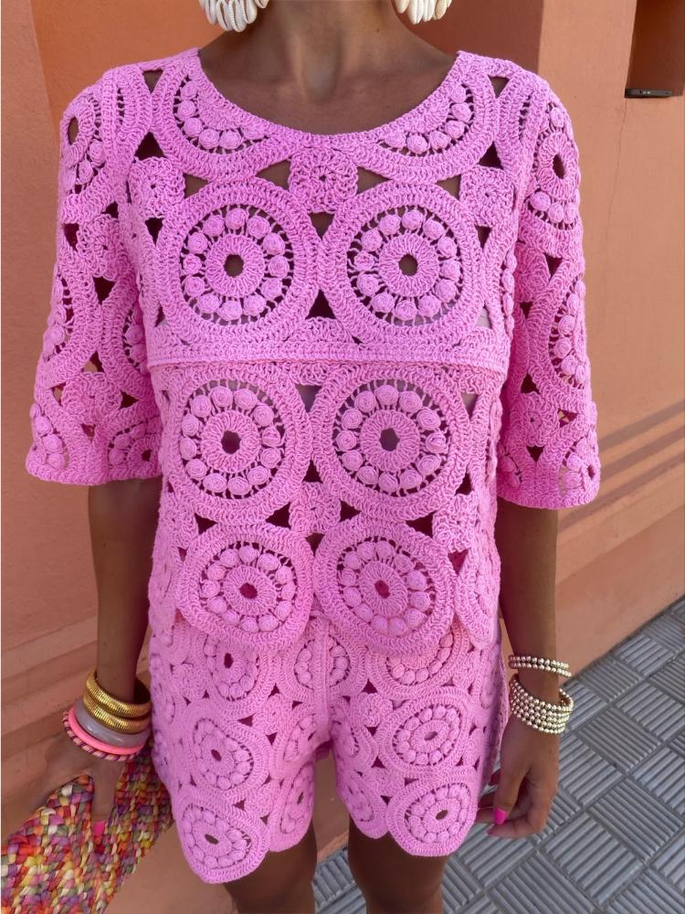Сексуальные полые вязаные крючком комплекты из двух предметов, женские футболки с короткими рукавами + свободные шорты с высокой талией, женская мода, шикарные однотонные уличные пляжные костюмы