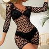 Women Summer Beach Cover-up Hollow Out Long Sleeves Slim Fit Low-cut V Neck Backless See-through Bikini