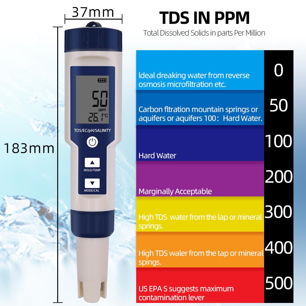 5 In 1 PH Meter Water Quality Tester Digital TDS EC PH Salinity Temperature Meter for Pools Aquariums Water With Backlight