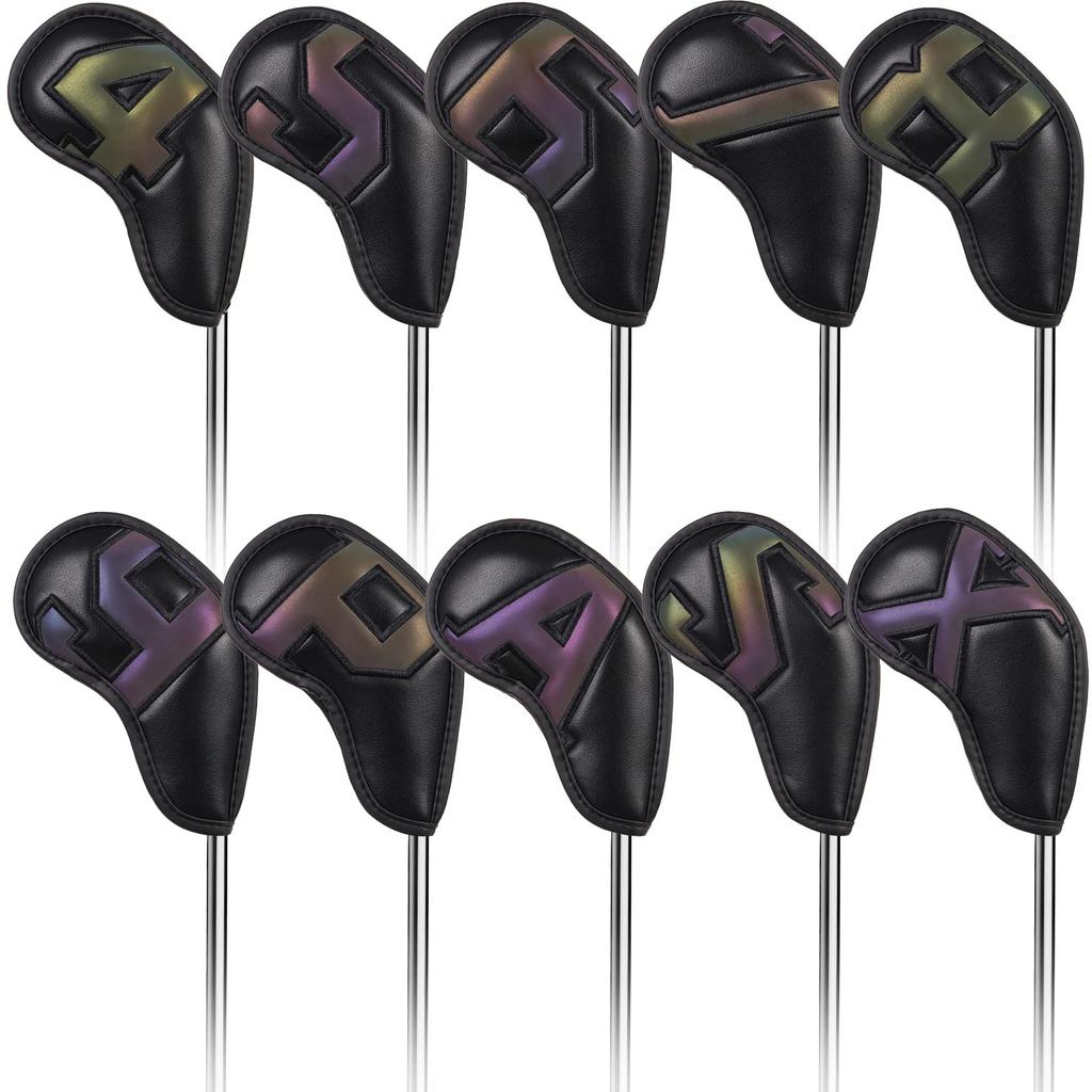 Set of 10 Golf Iron Magnetic Wedge and Club Headcovers with Gradient Numbers and Black Synthetic Leather Covers, Covers, (4-9, P, A, S, X)