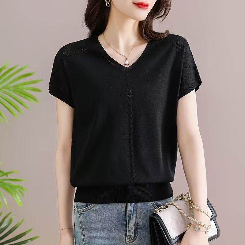 Женская вязаная футболка Летняя футболка для мамы среднего возраста Летняя одежда Футболка с коротким рукавом Женская футболка с V-образным вырезом