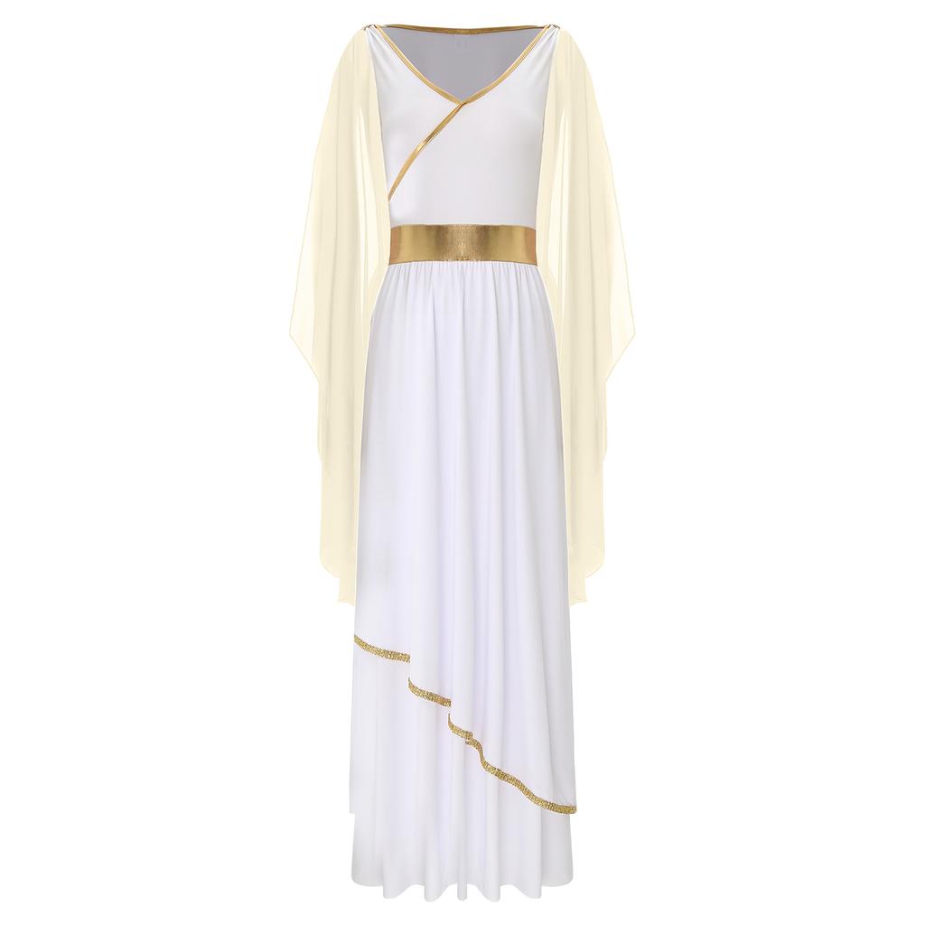 Womens Ancient Greek Beauty Dress V Neck Sleeveless Gold Trims Toga Greece Roman Queen Cosplay Costume