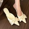 New Bowtie Mule Shoes Slides Women Pointed Toe Stripe Wave Slip-on Sandals Ladies Luxury Satin Silk Outdoor Flat Slippers