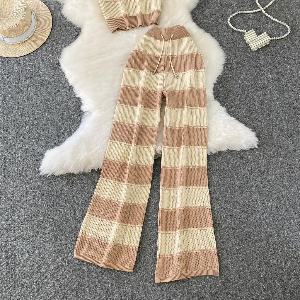 Летний женский шикарный полосатый вязаный свитер и брюки, комплект из двух предметов, пуловер с коротким рукавом и костюм с широкими брюками