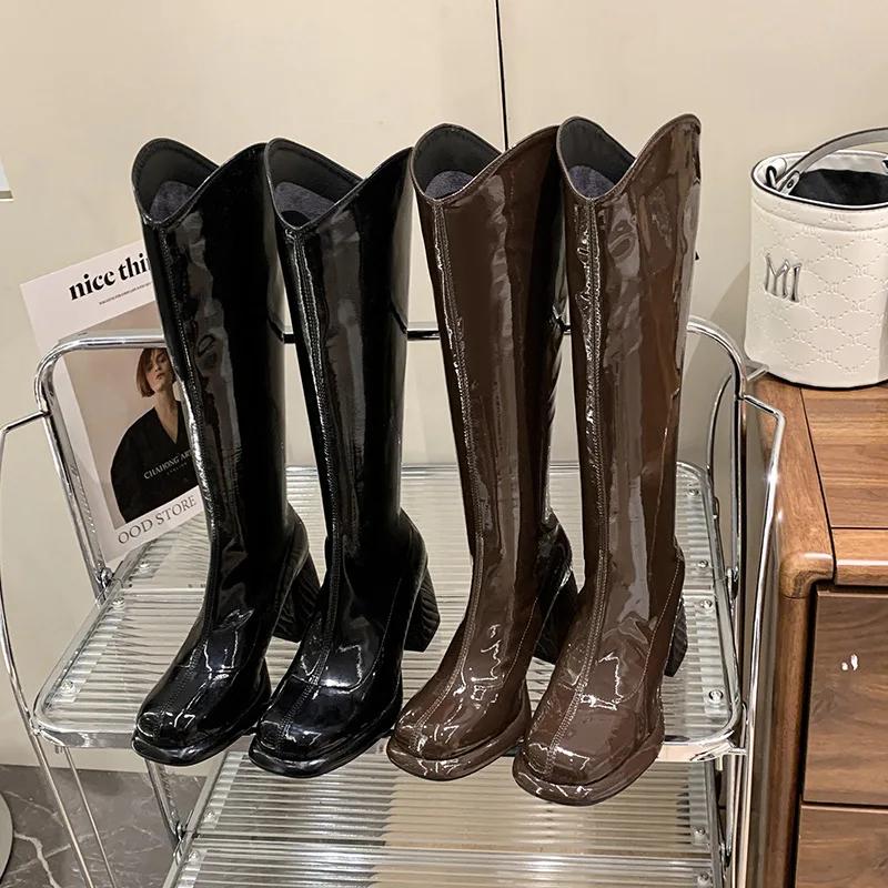 Fashion 2024 Autumn-winter Patent Leather V-mouth Female Autumn-winter New High Heel and Large Tube Girt Knight Boots