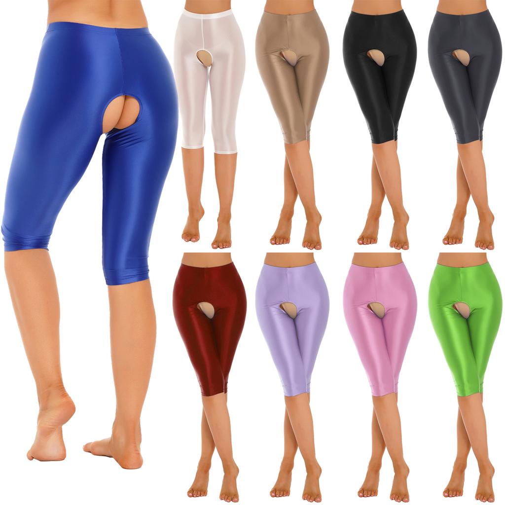 Womens Short Leggings Shiny Cutout Tights Stretchy Base Bottoms