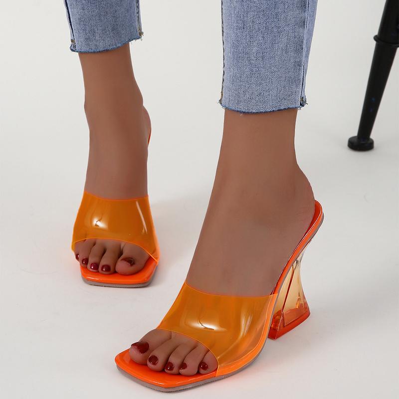 Летние новые прозрачные туфли-шлепанцы на фигурном каблуке конфетных цветов для женщин, большие размеры 35-41, сексуальная свадебная обувь, роскошная женская обувь