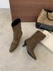 Thin heel short boots women's autumn and winter new versatile French elastic boots suede square head high heel thin boots black