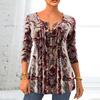 Women Fall Spring Top Vintage Print Round Neck Long Sleeve Button Mid Length A-line Soft Pullover Lady Daily Blouse T-shirt