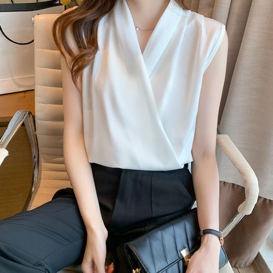 Рубашка с v-образным вырезом без рукавов, однотонный пуловер, топы, свободная атласная блузка с перекрестной оберткой