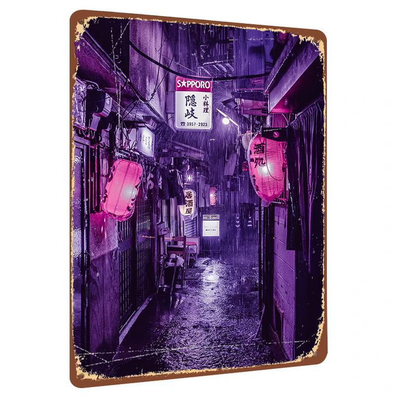 Neon Rainy Night Japanese Street View Metal Wall Art Vintage Tokyo Izakaya Lantern Decor for Restaurant Bar