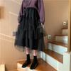 Sweet Tulle Midi Skirt Women Streetwear Bow Mesh Pleated Skirts Korean Fashion Elegant High Waist Black Long Skirt