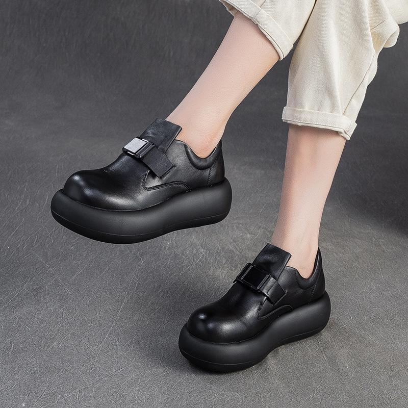 Fashion GKTINOO Spring Autumn Thick Soled Women's Shoes Genuine Leather British Style Big Toe Flat Platform Shoes Retro Slip-On Shoes