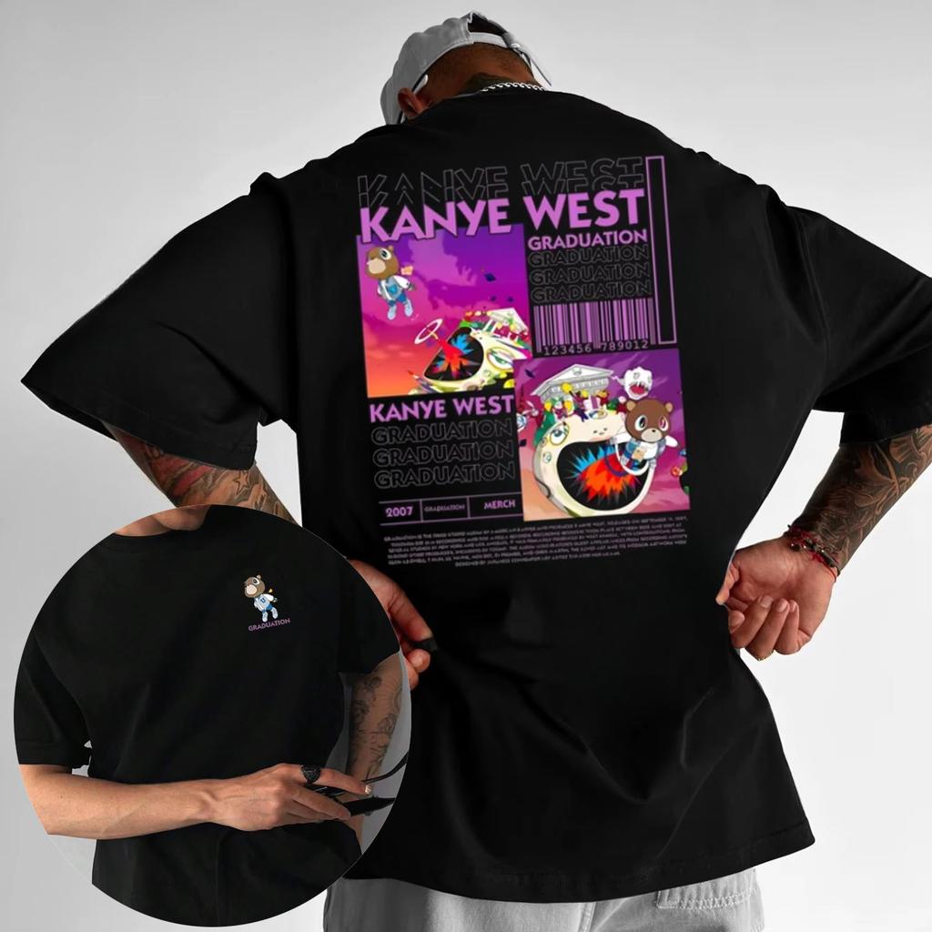 Летняя футболка Kanye West 2025 года с изображением медведя-выпускника, двусторонняя, для мужчин, повседневная и модная, хип-хоп, крутой топ, короткий рукав