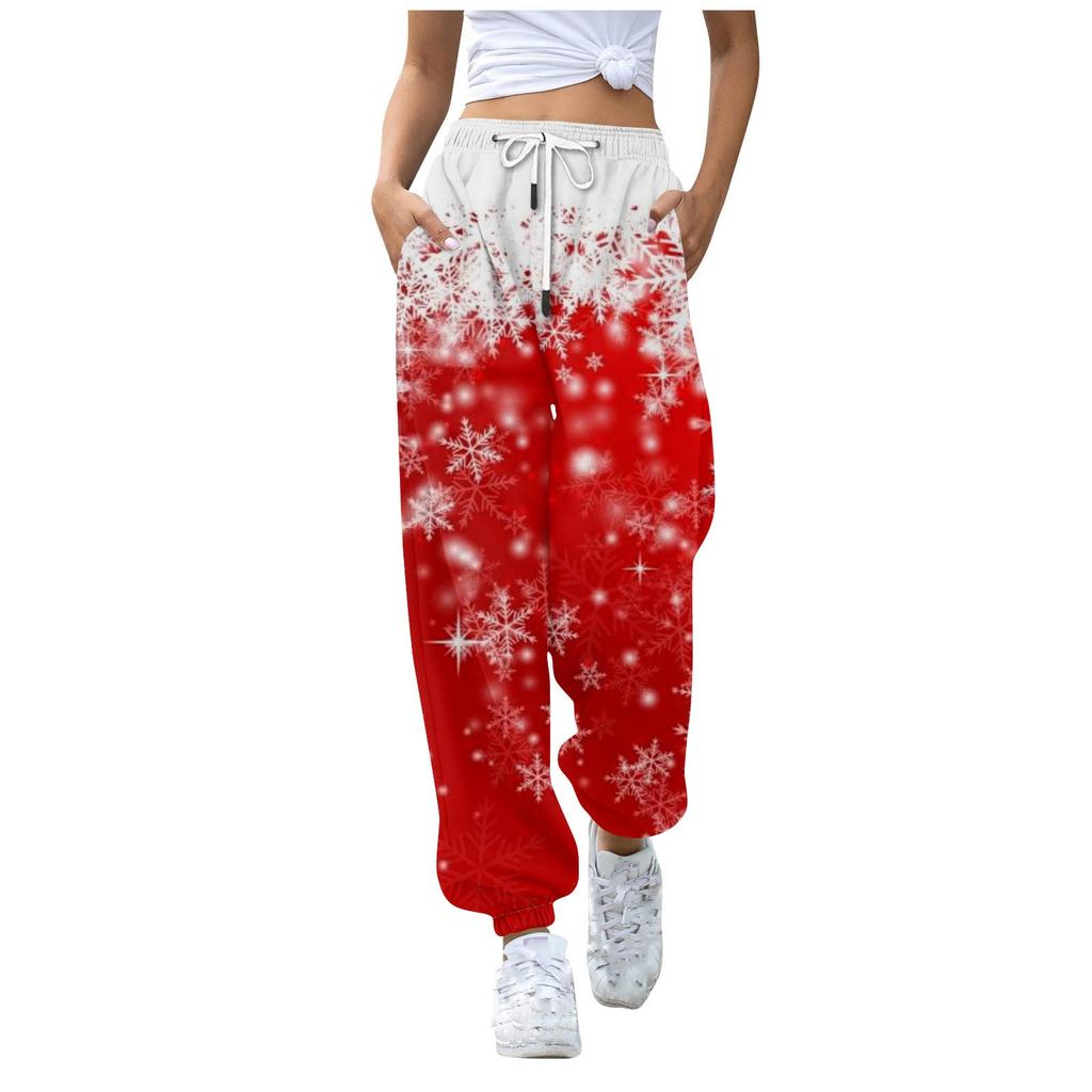 Женские повседневные брюки для отдыха с рождественским принтом, спортивные брюки, брюки с эластичной резинкой на талии, брюки с завязками на шнурке