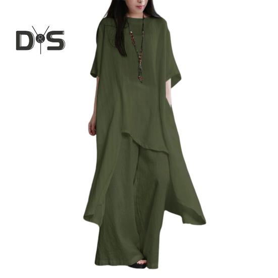2Pcs/Set Cotton Linen Tops Pants Set O-neck Half Sleeve Irregular Hem Tops High Waist Long Pants Set Solid Color Casual Outfit