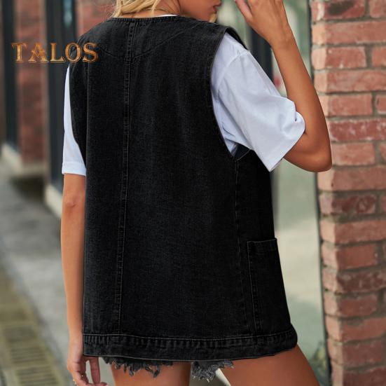 Женский джинсовый жилет с v-образным вырезом и накладными карманами без рукавов, однобортный кардиган, однотонный, повседневный, уличная одежда без рукавов, женский жилет