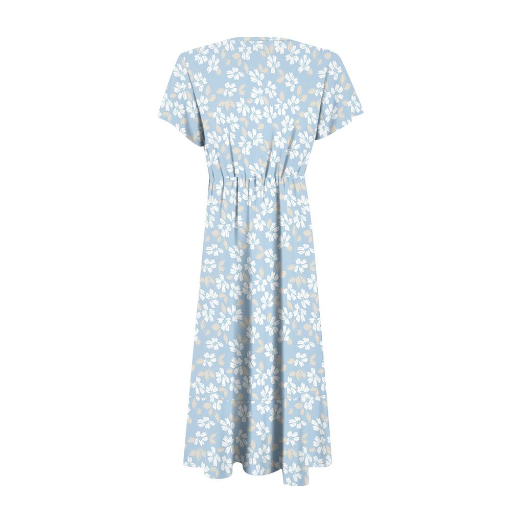 Женские платья с V-образным вырезом, приталенным цветочным принтом и коротким рукавом