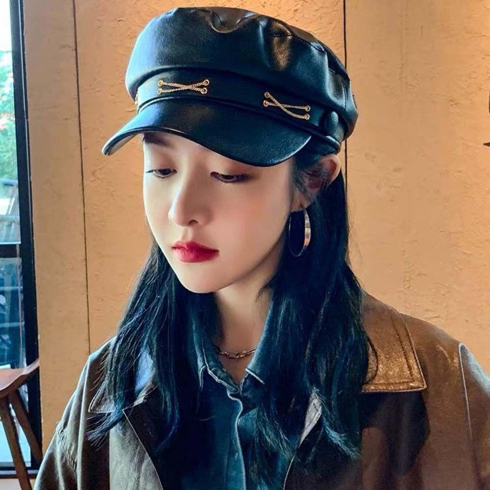 PU Leather Girl British Style Winter Women Berets Painter Cap Korean Style Octagonal Hat Navy Hat
