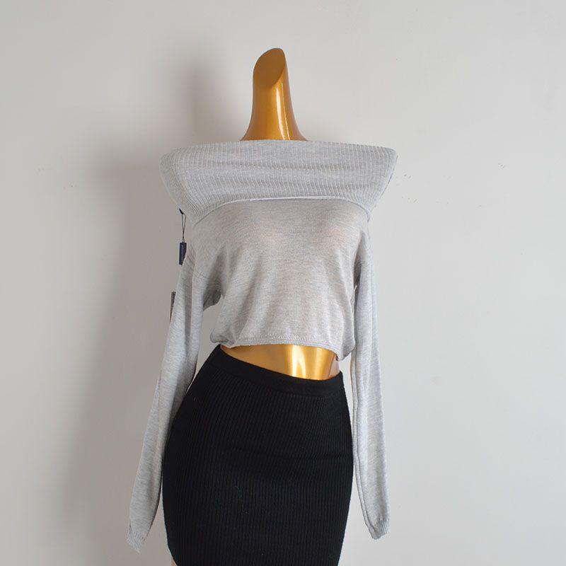 Solid off-Shoulder Collar Long Sleeve Knit Women Spring and Autumn New Slim Fit Slimming Short Navel T-shirt Top