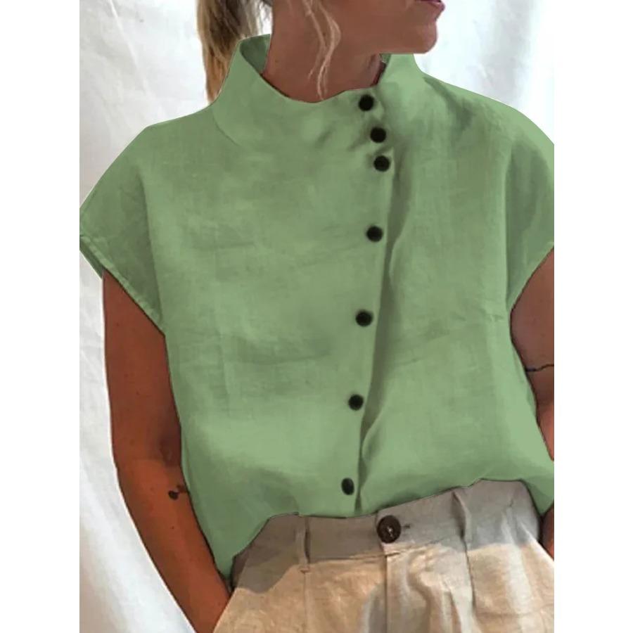 Summer Side Button Cotton Blouse Womens Casual Blouse Solid Color Short Sleeve Linen Tops Casual Ladies Breathable Shirt