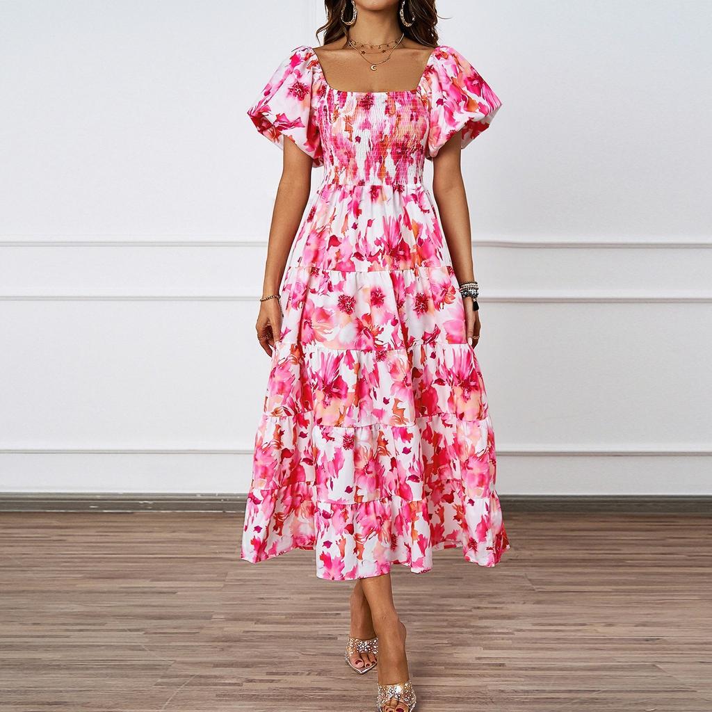 Женское модное платье с квадратным вырезом и цветочным принтом, короткими рукавами и эффектом темперамента