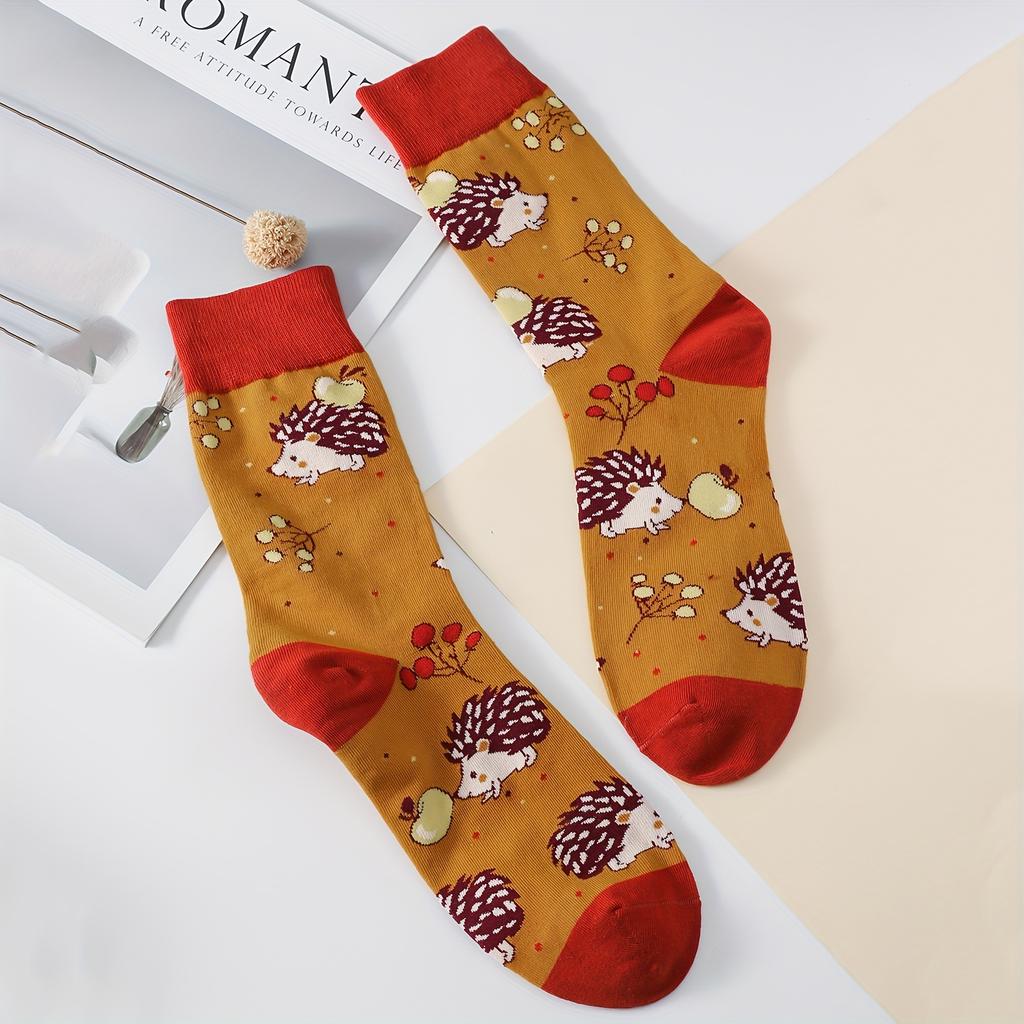 1 пара женских носков с мультяшным рисунком зебры, пчелы, ежа, коровы, забавные носки с принтом животных, модные, повседневные, цветные, хлопковые носки до щиколотки