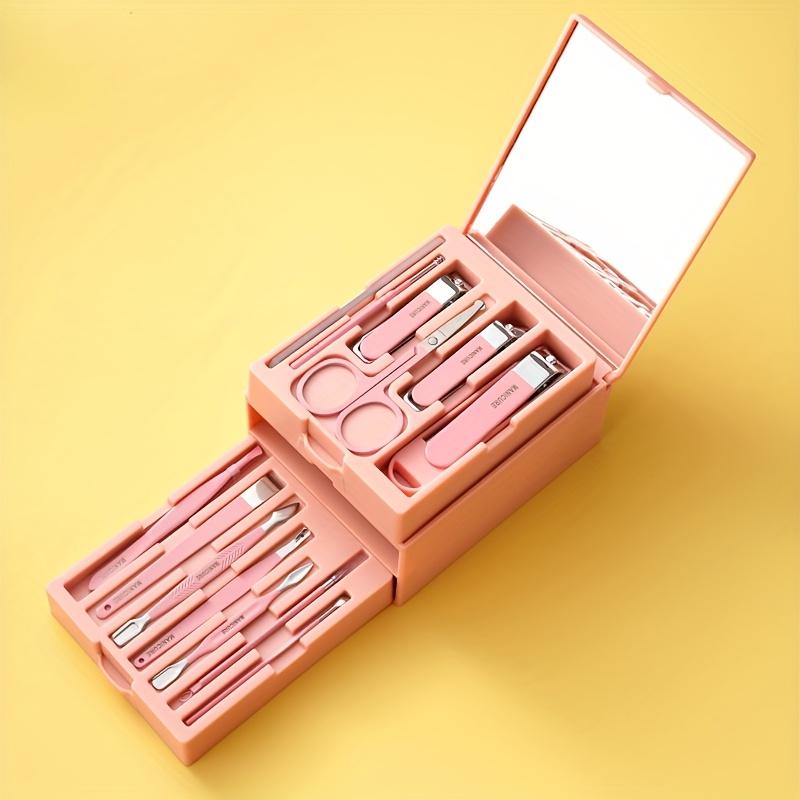 New Multifunctional Makeup Drawer Mirror Design 13pcs Classic Stainless Steel Nail Care Set with Concave Blade, Unscented Fingernail Clippers and File
