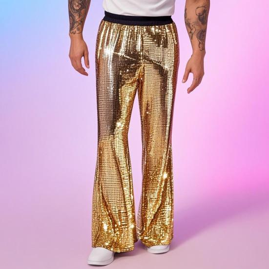 Men's Sequin Flared Trousers Shiny Hip-Hop Disco Pants Elastic Waist Retro Wide Leg Pants for Stage Performance Night Club Bar Dance
