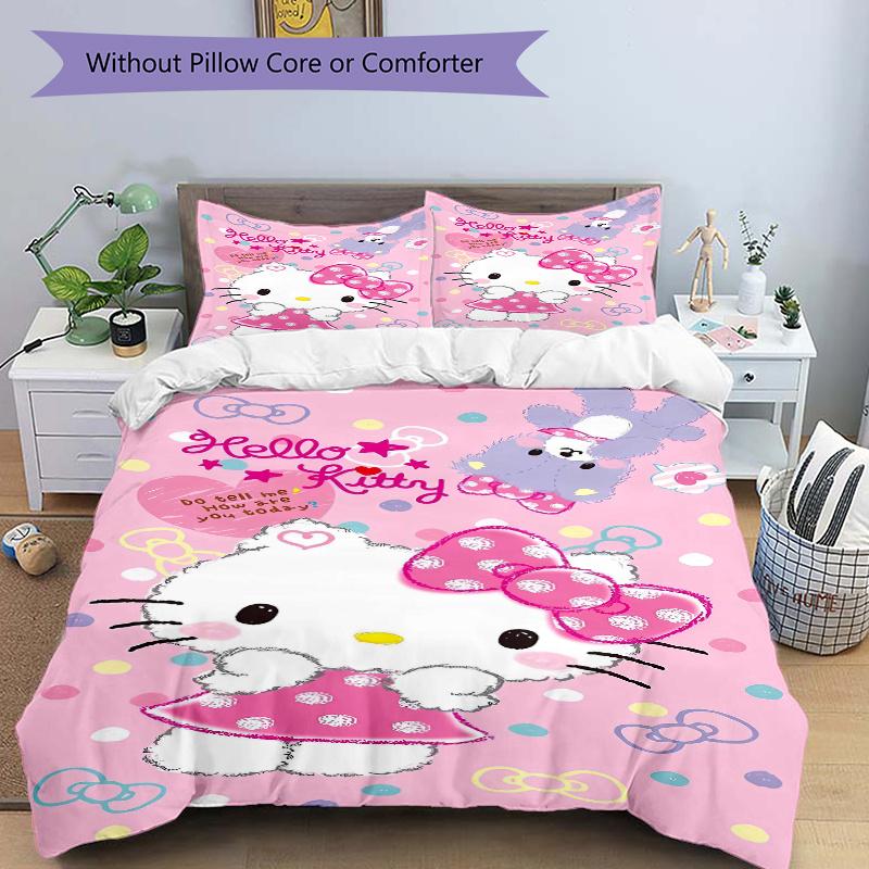 3 шт. Розовый приключенческий комплект постельного белья Hello Kitty: 1 мягкий пододеяльник + 2 наволочки, машинная стирка, подходит для всех сезонов, идеальный подарок S045