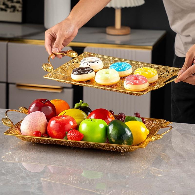 European Fruit Plate,Alloy Household Hollowed-out Shape Plate,Portable Golden Snack Disc,Candy Plate Home Living Room Decoration