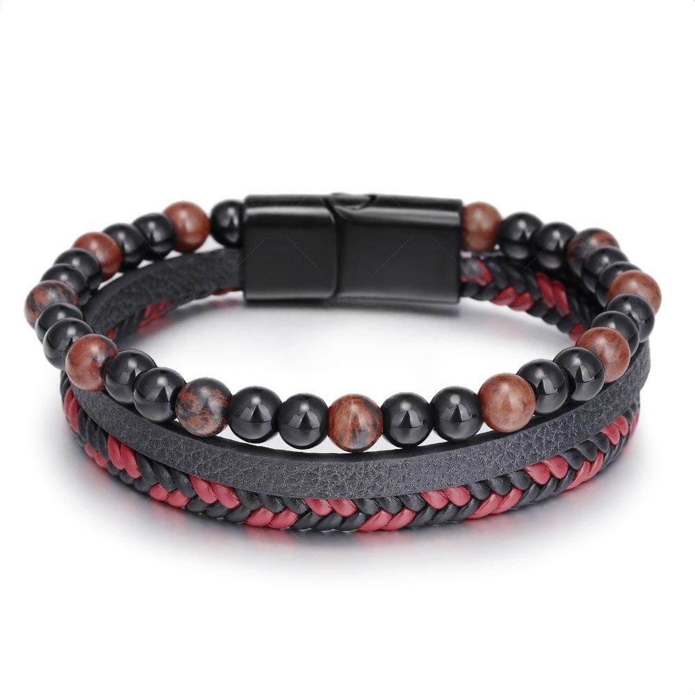 Fahion lava Stone Bead Braided Mens Stainless Steel Magnetic Clasp Leather Bracelet
