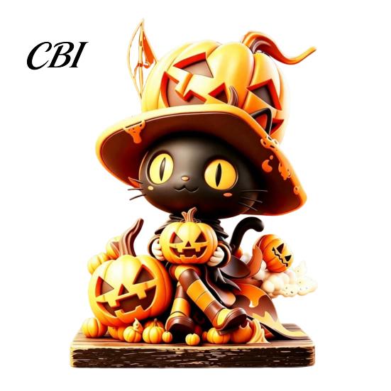 Wooden Desktop Ornaments Halloween Tabletop Decor, Whimsical Black Cat Witch Pumpkin Skeleton Gifts for Kids Figurines, Centerpiece Home Store Window